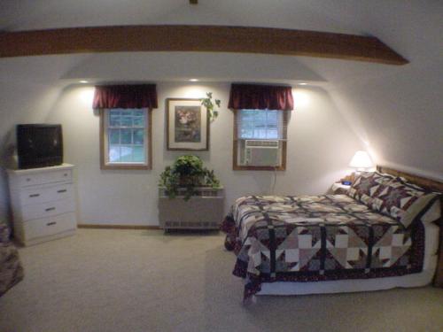 a bedroom with a bed and a dresser and windows at Trickling Waters Retreat in Marquette