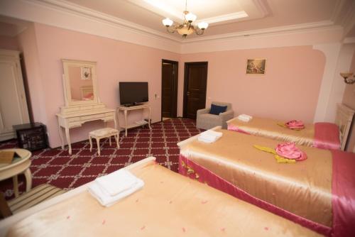 a living room with two beds and a television at Altin Palace in Komrat