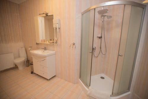 a bathroom with a shower and a sink at Altin Palace in Komrat