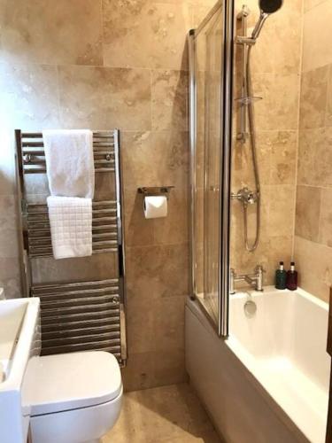 a bathroom with a shower and a toilet and a tub at Folly Cottage & The Old Forge in Colerne