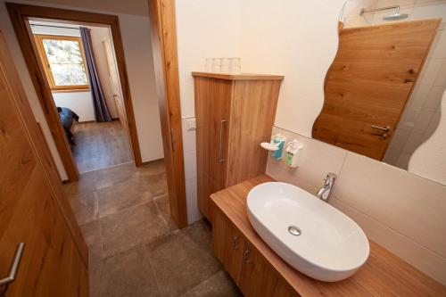 een badkamer met een witte wastafel en een spiegel bij Gladerhof in Zwickenberg