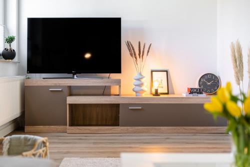 a living room with a flat screen tv on a entertainment center at VIVID - Ideal für 4 - Strandnähe mit 2 Terrassen - 2 SZ & WZ in Varel