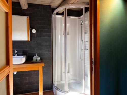 a bathroom with a glass shower and a sink at Art et Création in Saint-Bérain