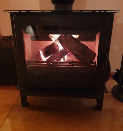 a fireplace with a piece of meat inside of it at Hof Ruemland Ferienwohnungen in Hollingstedt