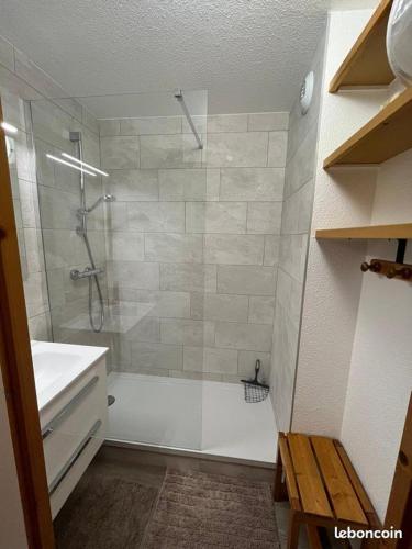 une salle de bain avec une douche, des toilettes et un lavabo dans l'établissement Duplex la Plagne Montalbert, à Aime La Plagne