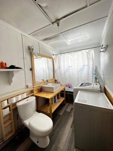 uma casa de banho com um WC, um lavatório e uma banheira em Isla Yu Patagonia 2 em Puerto Natales