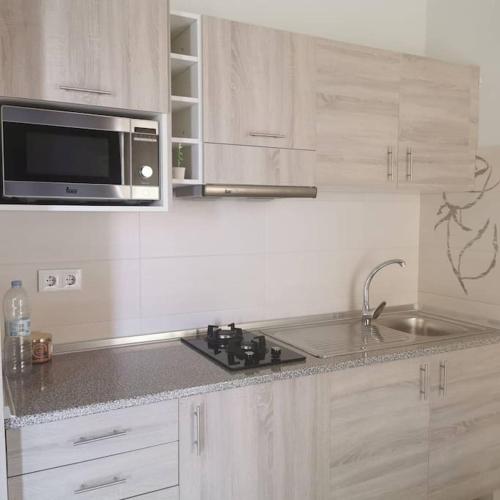 a kitchen with a sink and a microwave at Ellen Apartamento T0 - Inforsal in Espargos