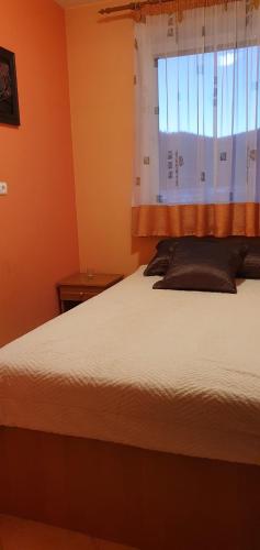 1 dormitorio con 1 cama grande y ventana en Apartament Eugenia, en Krynica-Zdrój