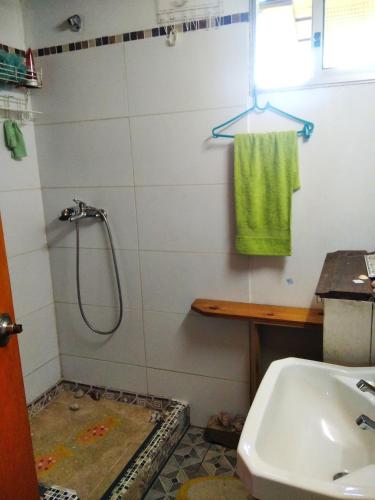 a bathroom with a shower and a sink at Cabaña Pitiayumí in Villa Serrana