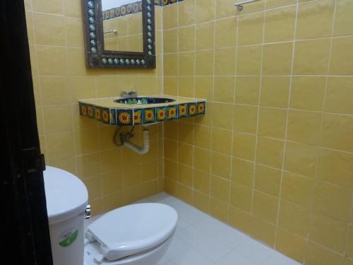 a bathroom with a toilet and a sink at Posada Aguila Real in Palenque