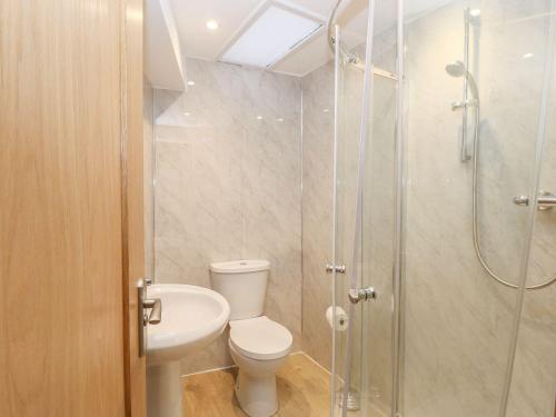 a bathroom with a toilet and a glass shower at Jacob’s Ally in Knaresborough