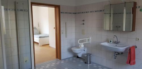 a bathroom with a toilet and a sink at Monteurswohnung Tim in Zweibrücken