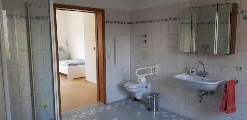 ein Bad mit einem WC und einem Waschbecken in der Unterkunft Ferienwohnung Tim in Zweibrücken