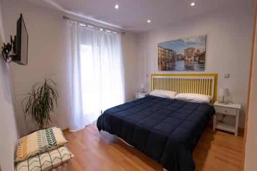 a bedroom with a blue bed and a window at Herradores Centro in Soria