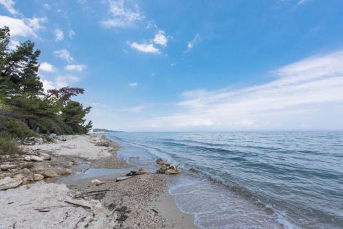 a beach with the ocean on a cloudy day at Psi·Theros in Kriopigi
