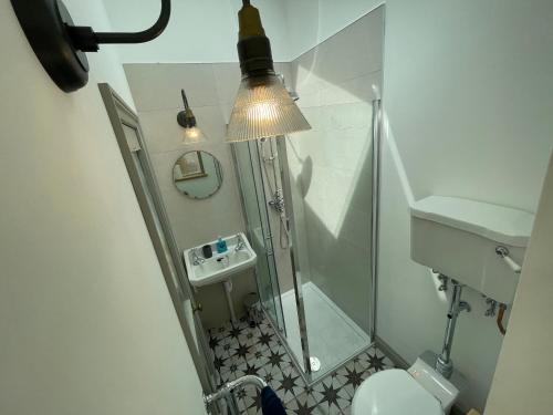 a bathroom with a shower and a sink and a light at Peaceful period cottage in central location in Penzance