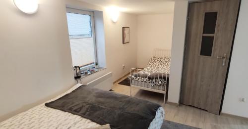 a bedroom with two beds and a window at Agroturystyka u Pruszyńskich in Mońki