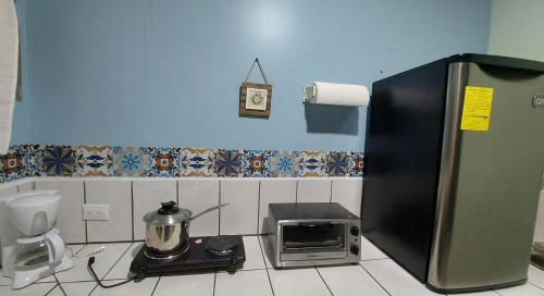 a kitchen with a refrigerator and a microwave at La Estancia Ideal Apartamentos in Fortuna