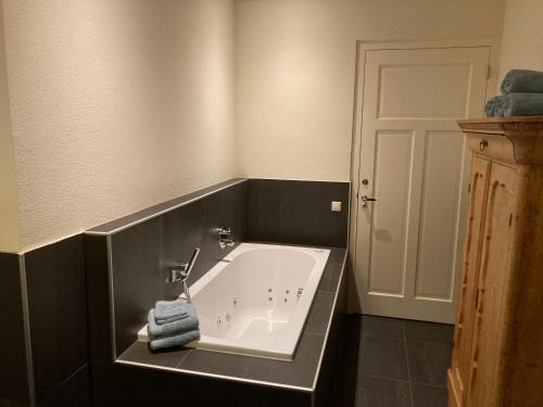 a bathroom with a bath tub with towels in it at Duerswald in Wijnjewoude