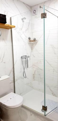 a white bathroom with a shower with a toilet at Aroma d in Orca