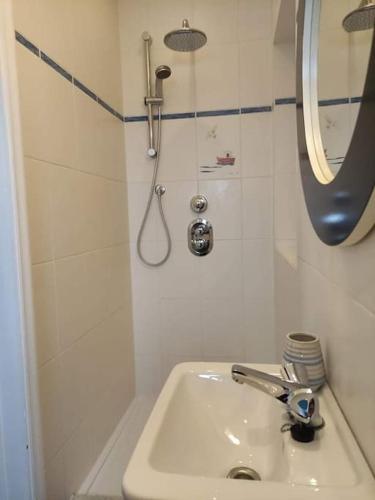 a white bathroom with a sink and a shower at Au Clos Caleste in Wellin