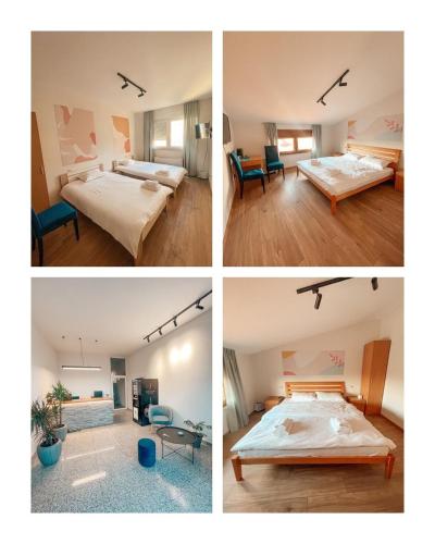 four different pictures of a bedroom with a bed and a room with at Mint Hotel in Prizren