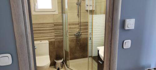 La salle de bains est pourvue de toilettes et d'une douche en verre. dans l'établissement Spiros - Full Renovated House 2022, à Mármaron