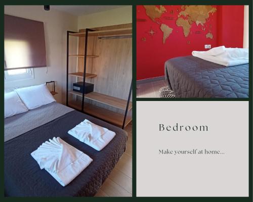 twee foto's van een hotelkamer met een bed en een foto van een slaapkamer bij Gecko guesthouse in Ágios Nikólaos