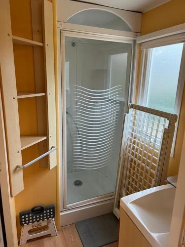 une douche en verre dans une cuisine avec évier dans l'établissement camping parc des roches, à Souzy-la-Briche