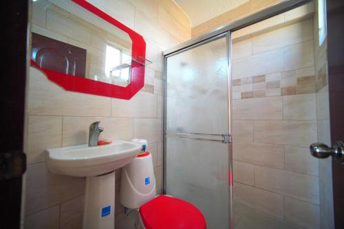 a bathroom with a shower and a toilet and a sink at Tropical Island Apartahotel in La Viva