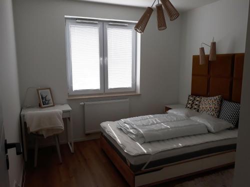 1 dormitorio con cama, ventana y mesa en Apartament Projektant, en Rzeszów