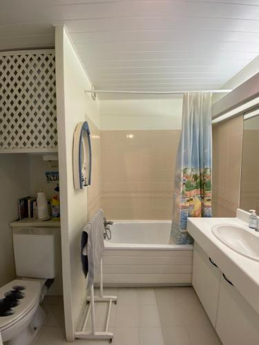 une salle de bain avec une baignoire, des toilettes et un lavabo dans l'établissement 2 pièces en Rez de jardin -