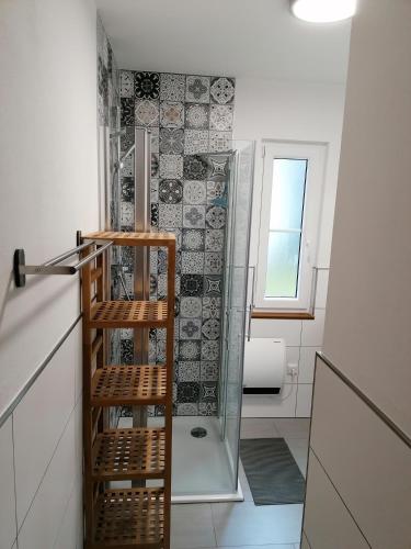 a bathroom with a walk in shower and a toilet at Ferienhaus Rudi in Frankenau