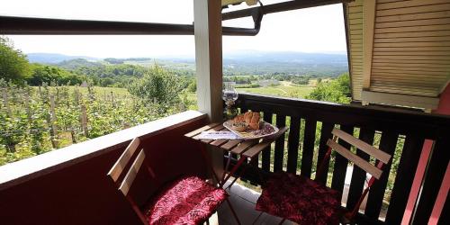 un balcón con una mesa con un plato de comida. en Vineyard Cottage Slanc, en Metlika