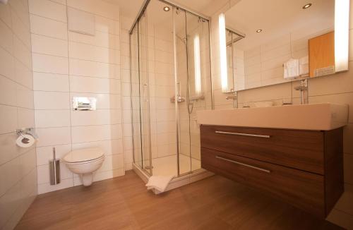 a bathroom with a shower and a toilet and a sink at Hotel Aletsch in Bettmeralp