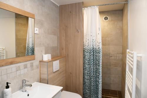 La salle de bains est pourvue d'un lavabo et d'une douche. dans l'établissement F2 RIGAUD, à Montpellier
