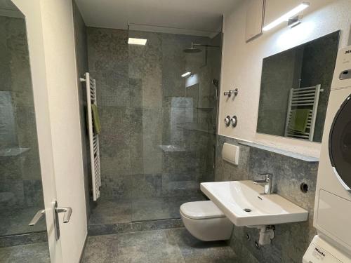 uma casa de banho com um WC, um lavatório e um chuveiro em Apartment Wendelsteinblick em Bad Aibling