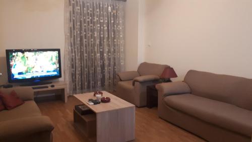 ein Wohnzimmer mit einem Sofa und einem TV in der Unterkunft Alianthos Beach Apartment in Vari