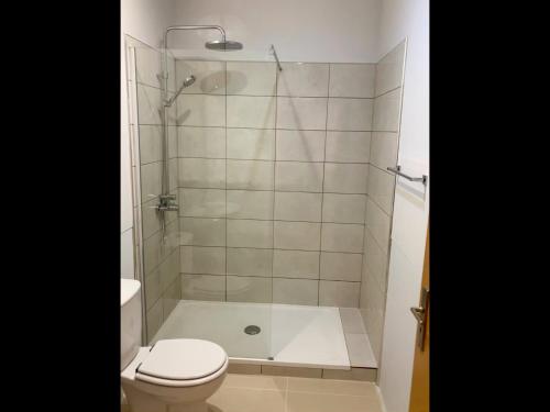 a bathroom with a shower with a toilet and a tub at Cabanas Penthouse Apartment in Cabanas de Tavira