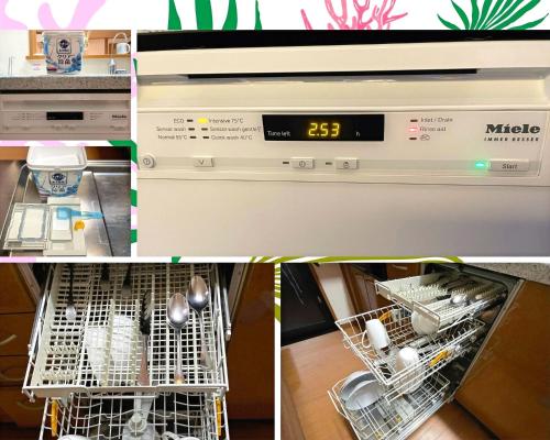 a collage of four pictures of a dishwasher at 弓ヶ浜海水浴場徒歩1分! 一棟貸別荘! Yumigahama Beach House & BBQ! in Minamiizu