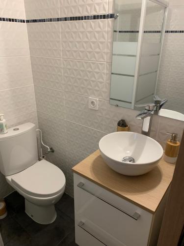a bathroom with a white toilet and a sink at STUDIO VUE MER /PARKING PRIVATIF in Saint-Raphaël