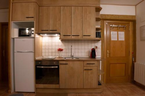 cocina con armarios de madera y nevera blanca en Apartamentos Erlueta en Calatayud