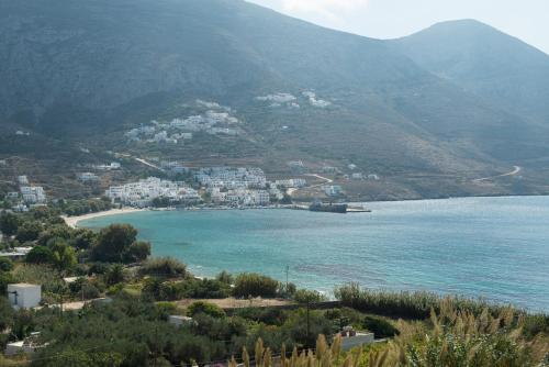 Blick auf eine Bucht mit Häusern auf einem Berg in der Unterkunft Amorgi Studios in Aegiali