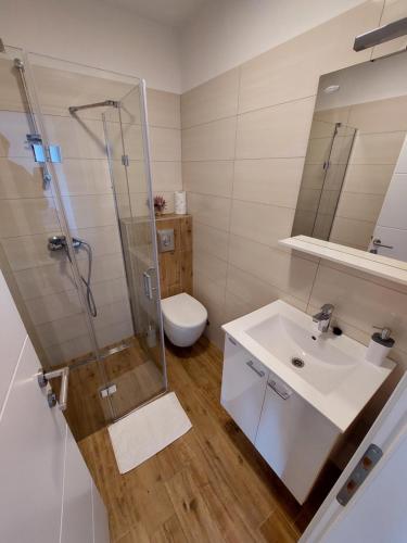 a bathroom with a sink and a shower and a toilet at Apartments Daniel in Vodice