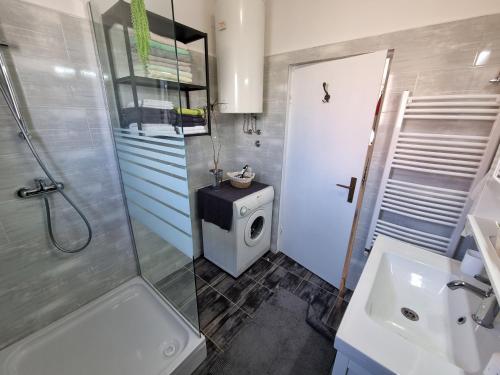 a bathroom with a shower and a toilet and a sink at Apartment ANAMARIJA BR. 1 in Crikvenica
