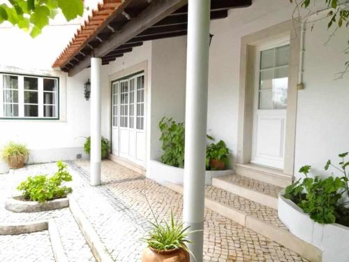 eine Veranda eines weißen Hauses mit Topfpflanzen in der Unterkunft Casa dos Pocinhos Férias tranquilas no campo in Torres Novas