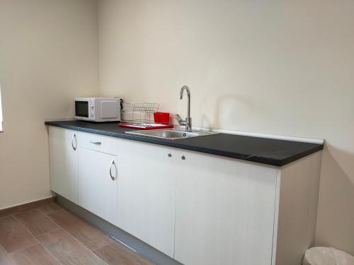 a kitchen counter with a sink and a microwave at El Pino in Penagos