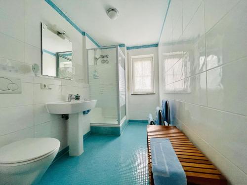 een badkamer met een toilet, een wastafel en een douche bij Birkenhof-Birke in Bad Wörishofen