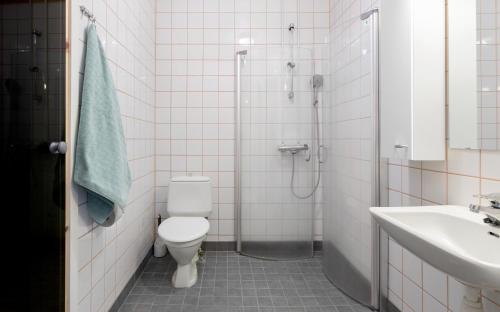 e bagno con doccia, servizi igienici e lavandino. di Hostel Eduskunta a Kauhajoki