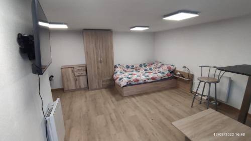Schlafzimmer mit einem Bett, einem Schreibtisch und einem Tisch in der Unterkunft Studio Deluxe Marc in Straßburg